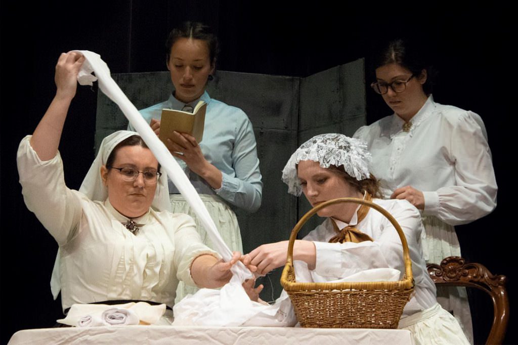 Scene from Nightingale: Florence and her nurses prepare bandages during the Crimean War. Photographer: Unknown